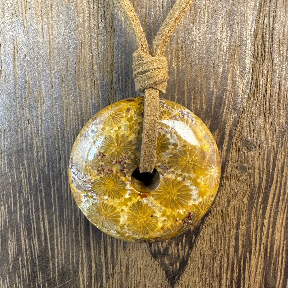 Yellow Coral Fossil Donut Pendant on Brown Faux Suede - Picture 7 of 11